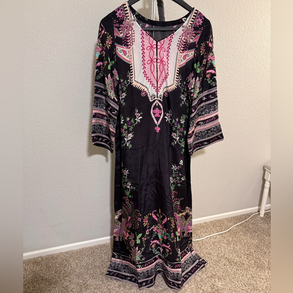 Floral Black Maxi Dress with Pink Accents